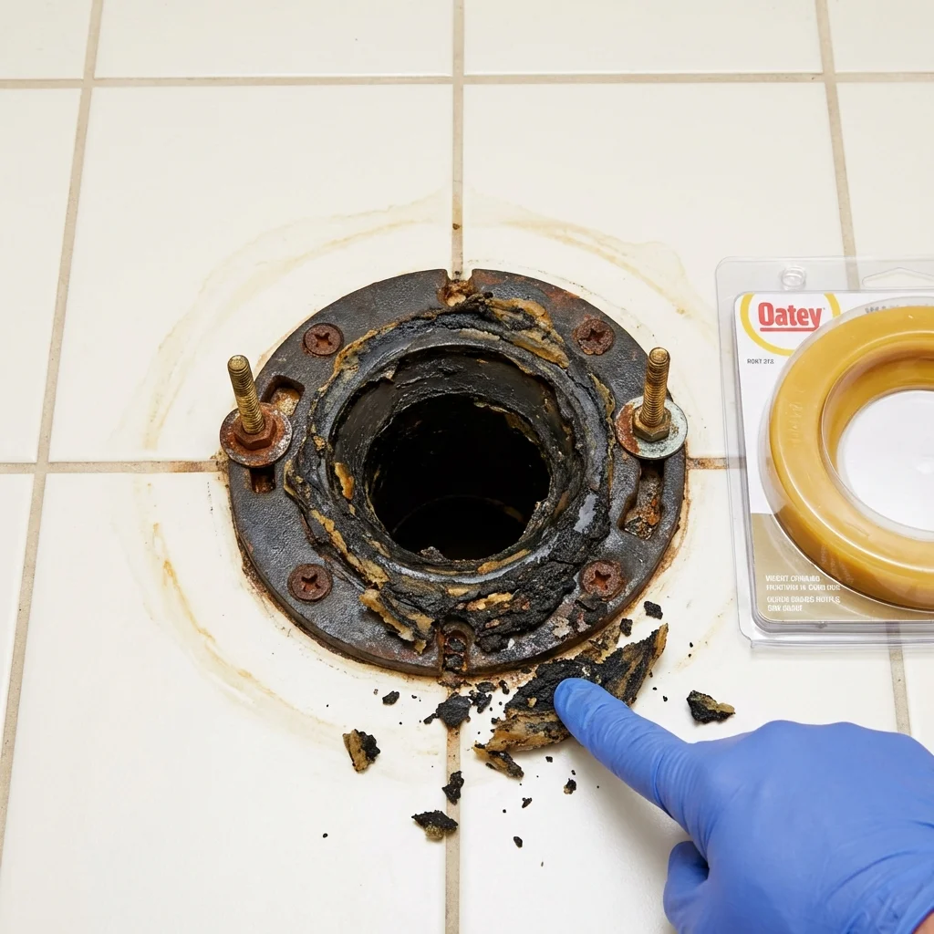 Failed wax ring showing water seepage at the base of a toilet in a Somerset, NJ home