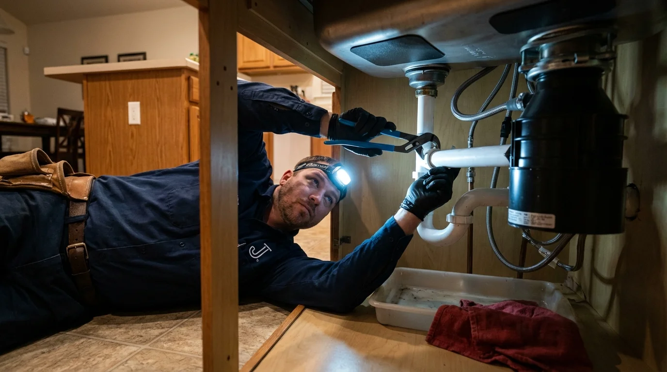 P-trap and supply line connections under a kitchen sink showing a common leak point in Somerset, NJ